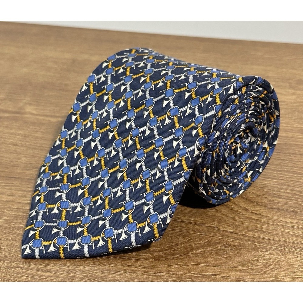 Brooks Brothers Tie Mens Necktie Blue Horn Pattern All Silk 3.5" Skinny USA Made